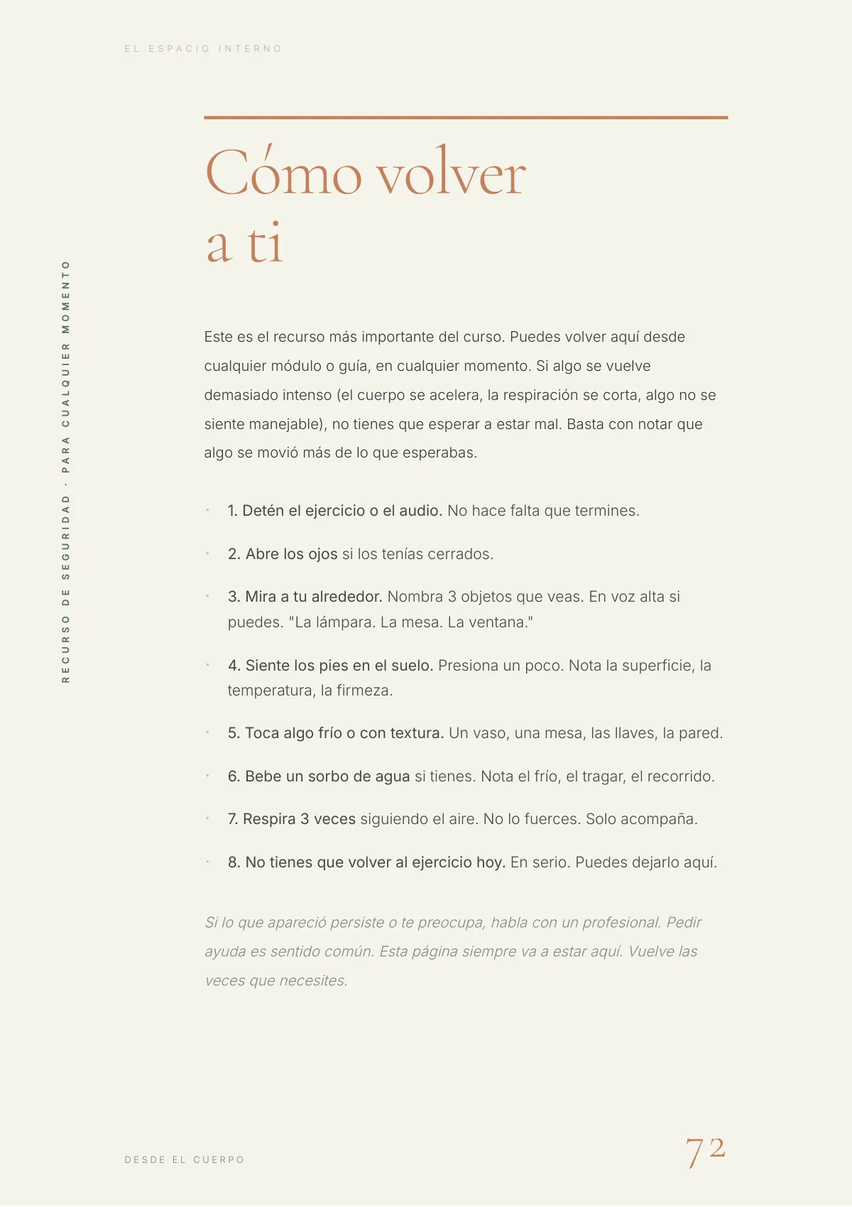 Página «Cómo volver a ti», con los pasos para parar si algo se mueve más de lo que esperabas.