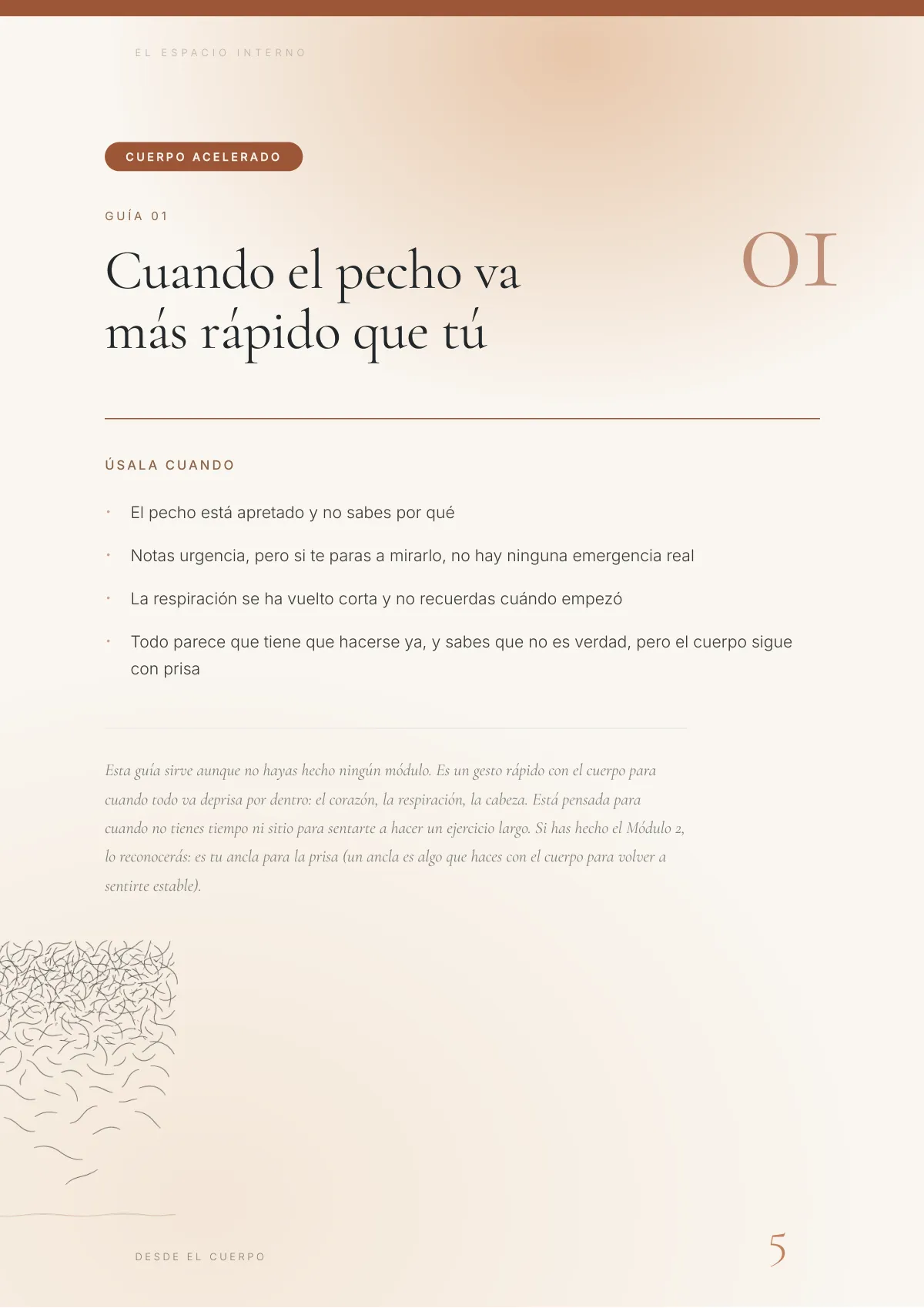 Primera página de la guía 01, con el título «Cuando el pecho va más rápido que tú».